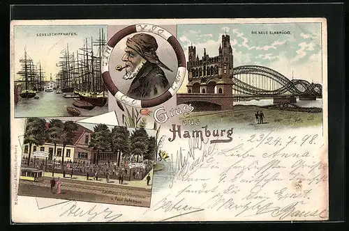 Lithographie Hamburg-Rothenburgsort, Segelschiffhafen, Landhaus a. d. Heerstrasse, Die neue Elbbrücke