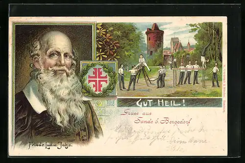 Lithographie Hamburg-Bergedorf, Portrait von Friedr. Ludw. Jahn, Trainierende Turner