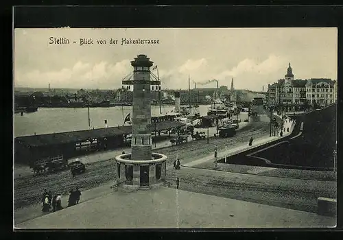 AK Stettin, Blick von der Hakenterrasse mit Strassenbahn