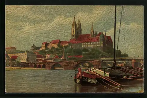 Künstler-AK Meissen, Uferpartie mit Kirche, Brücke und Fähre