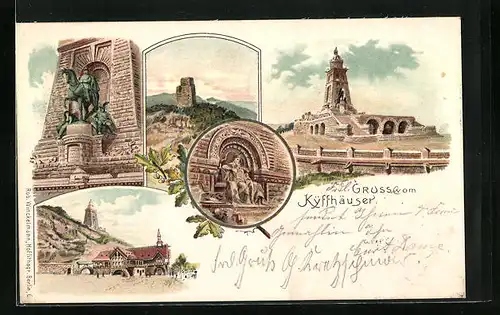 Lithographie Kyffhäuser, Kyffhäuserdenkmal, Barbarossa, Reiterstandbild