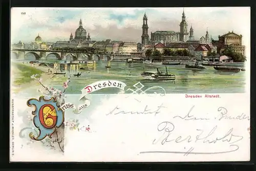 Lithographie Dresden, Altstadtpartie mit Brücke