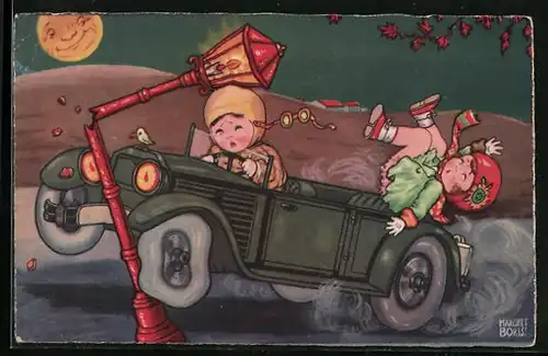 Künstler-AK Margret Boriss: Autounfall bei Nacht