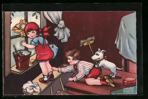 Künstler-AK Margret Boriss: Störung beim Fenster putzen