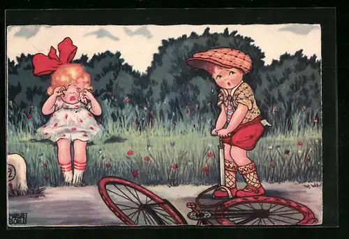Künstler-AK Margret Boriss: Traurigkeit über platten Reifen, Fahrrad
