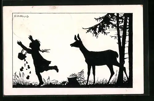 Künstler-AK Carus: Pilzsammlerin flieht vor Reh