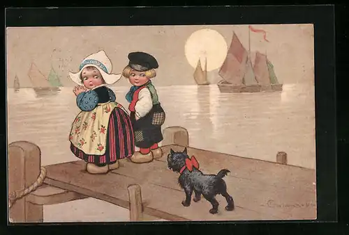 Künstler-AK E. Colombo: Kleine Holländer auf Steg mit Terrier
