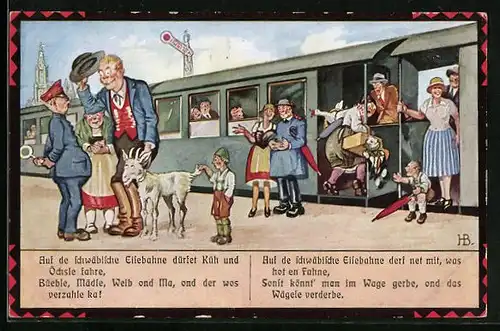 Künstler-AK Hans Boettcher: Fahrgäste der schwäbischen Eisenbahn