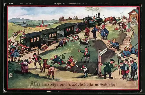 Künstler-AK Hans Boettcher: Trubel am Bahnhof der schwäbischen Eisenbahn