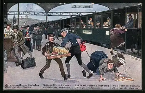 Künstler-AK Hans Boettcher: Mann mit Bauchladen am Bahnhof, schwäbische Eisenbahn