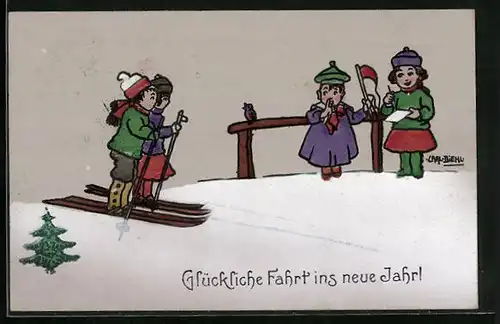 Künstler-AK Carl Diehl: Glückliche Skifahrt ins neue Jahr