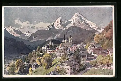 Künstler-AK Edward Harrison Compton: Berchtesgaden, Totalansicht mit Kirche und Bergpanorma