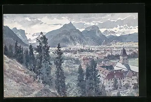 Künstler-AK Edward Harrison Compton: Bad Reichenhall, Totalansicht mit Bergen