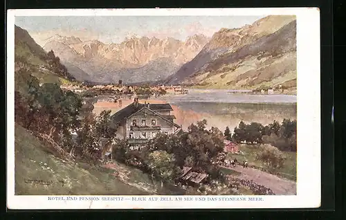 Künstler-AK Edward Theodore Compton: Zell am See, Hotel u. Pension Seespitz