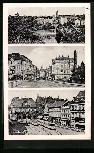 AK Minden i. W., Wesertor u. -brücke, Marktplatz mit Strassenbahn