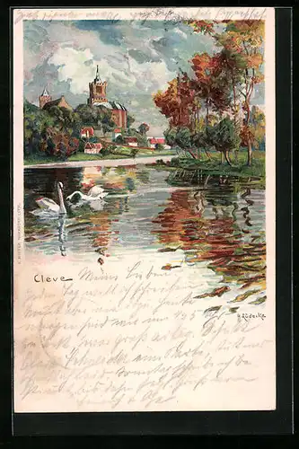Lithographie Cleve, Flusspartie im Herbst
