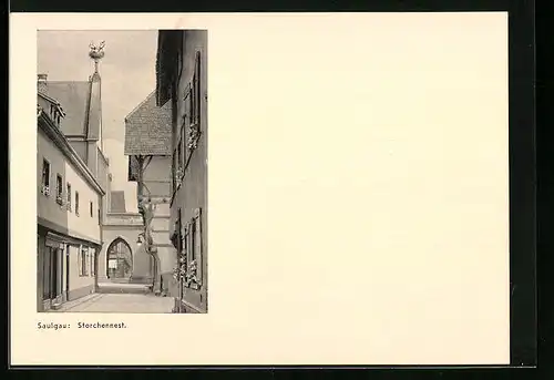 AK Saulgau, Strassenpartie mit Storchennest