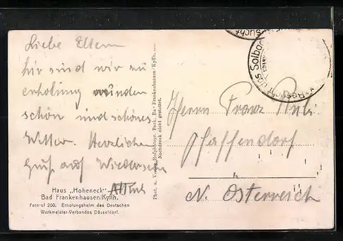 AK Bad Frankenhausen /Kyffh., Haus Hoheneck, Erholungsheim des Dt. Werkmeister-Verbandes