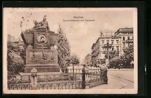 AK Breslau, Tauentzienplatz mit Denkmal