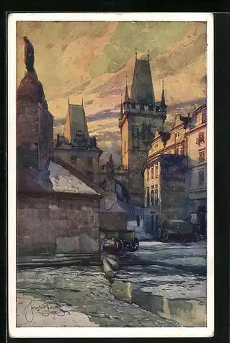 Künstler-AK Jaroslav Setelik: Prague, The cornu of the Mala Strana Bridge