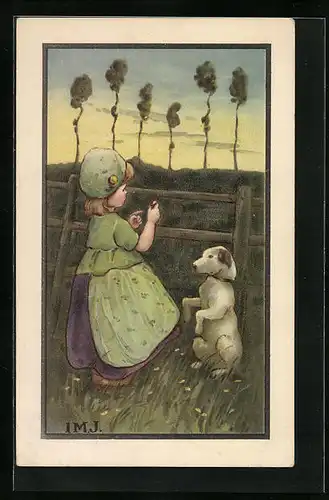 Künstler-AK I.M.J.: Mädchen spielt mit Hund