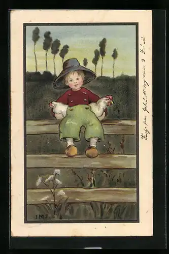 Künstler-AK I.M.J.: Junge mit Hühnern am Zaun