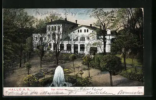 AK Halle a. S., Bad Wittekind mit Springbrunnen