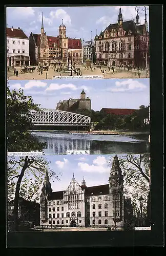 AK Halle a. S., Marktplatz mit altem und neuem Rathaus, Burgruine Giebichenstein, Zivilgericht