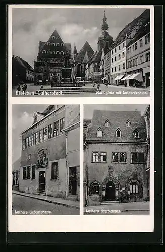 AK Eisleben, Martkplazt mit Geschäften und Lutherdenkmal, Luthers Geburts- und Sterbehaus