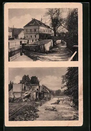 AK Bad Berggiesshübel, Badehaus zum Sächs. Haus vor und nach dem Hochwasser