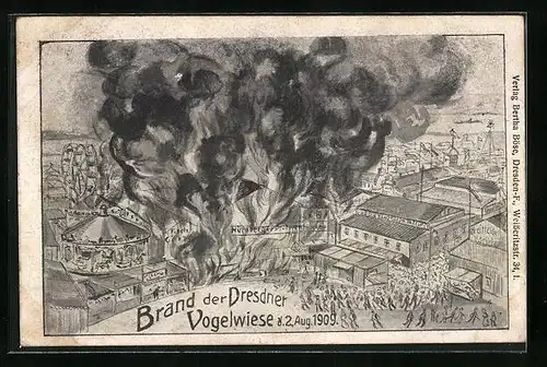 AK Brand der Dresdener Vogelwiese am 2.8.1909
