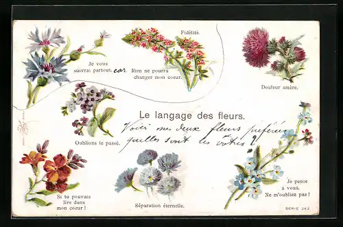 AK Blumensprache mit Kornblume, Distel