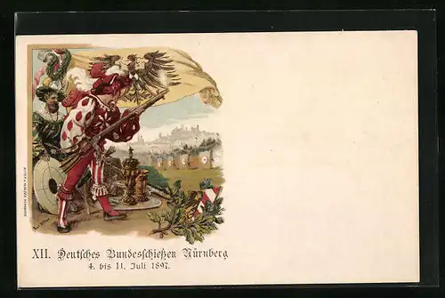 Lithographie Nürnberg, 12. Deutsches Bundesschiessen 4. bis 1. Juli 1897