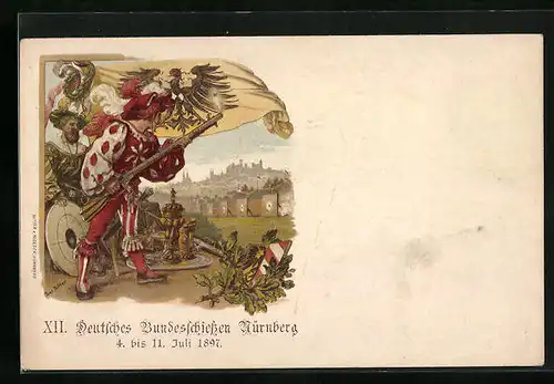 Lithographie Nürnberg, 12. Deutsches Bundesschiessen 1897, Herren mit Federhut