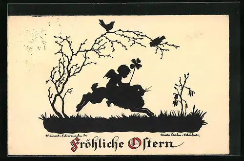 Künstler-AK Marta Sachse-Schubert: Engel reitet auf Osterhase