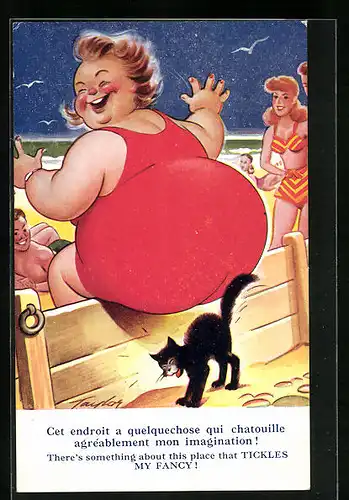 Künstler-AK Arnold Taylor: Lustige korpulente Dame in rotem Badeanzug vor Katze mit Buckel