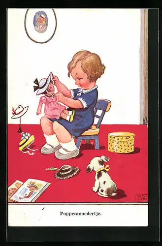 Künstler-AK John Wills: Süsses Kind als Puppenmutter