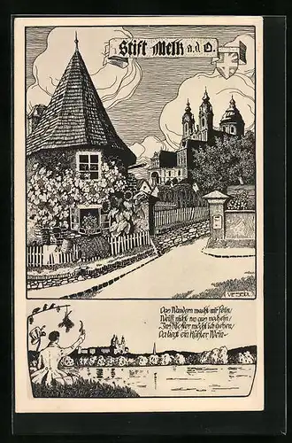 Künstler-AK Ulf Seidl: Melk a. D., Strassenpartie vor dem Stift, Vers