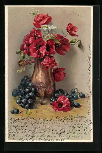Künstler-AK Clara von Sivers: Vase mit Mohnblumen und roten Trauben