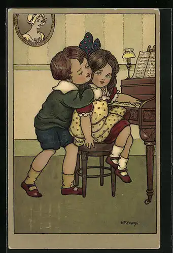 Künstler-AK Florence Hardy: Knabe umarmt seine Liebste am Klavier