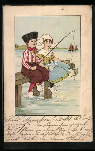 Künstler-AK Florence Hardy: Der Bräutigam fängt einen Fisch