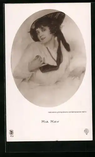 AK Schauspielerin Mia May mit Hut und Perlenkette