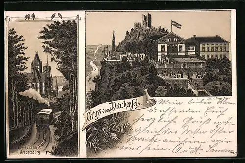 Lithographie Königswinter, Restaurant Drachenfels, Zahnradbahn