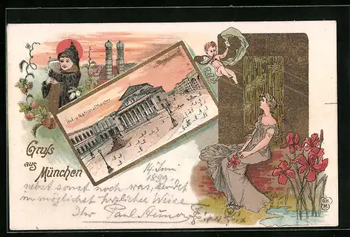 Lithographie München, Hof- u. Nationaltheater, Frau im Jugendstil