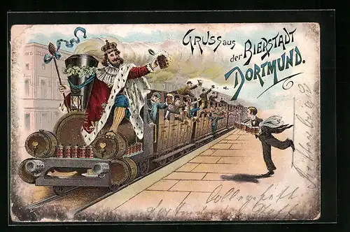 Lithographie Dortmund, Bierkönig auf Eisenbahn