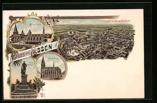 Lithographie Essen, Totalansicht der Krupp`schen Werke, Münster-Kirche