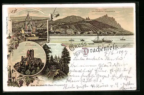 Lithographie Drachenfels, Drachenburg, Ruine Drachenfels, Königswinter
