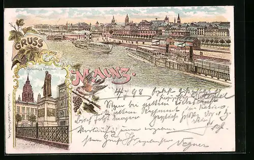 Lithographie Mainz, Ortsansicht, Gutenberg-Denkmal