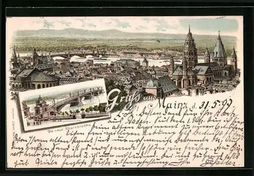 Lithographie Mainz, Die neue Rheinbrücke, Ortsansicht aus der Vogelschau