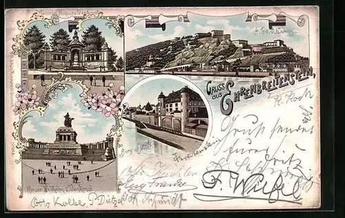 Lithographie Ehrenbreitenstein, Kaiserin Augusta-Denkmal, Burg und Mosel, Ortsansicht